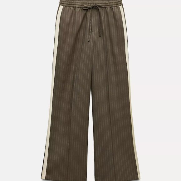Zara Olive Pinstripe Side Stripe Trousers Drawstring Waist Size Size XS - Picture 1 of 5